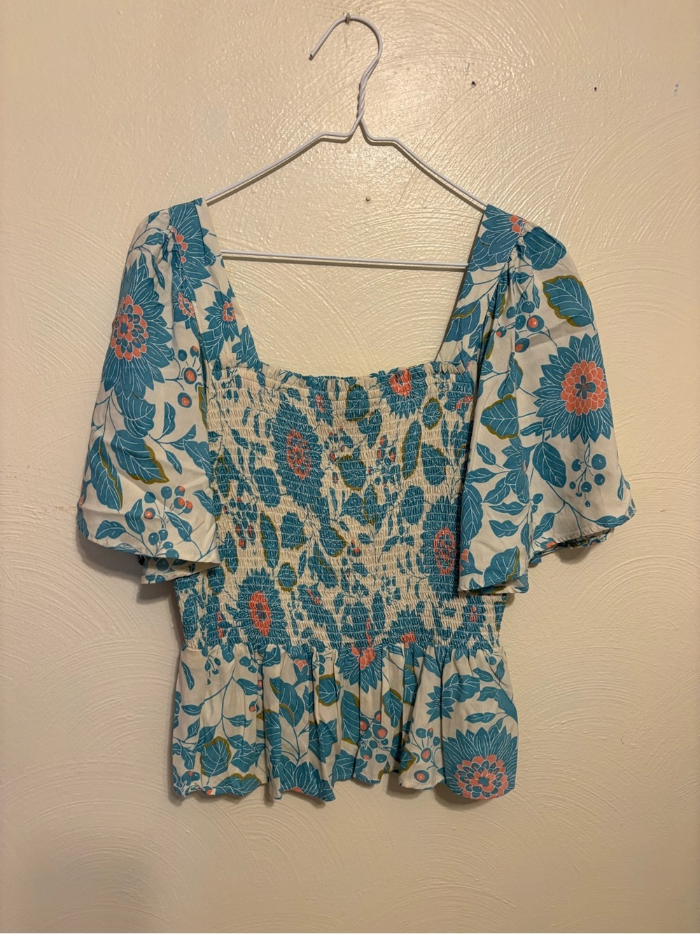 Angie Blue Floral Smocked Puff Sleeve Peplum Cottagecore Top Medium